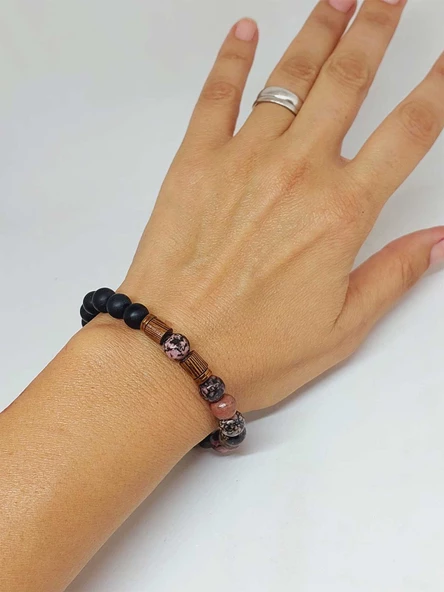 Rodonit & Oniks Taşı 8mm Unisex Tasarım Bileklik Hawaii Model (1853) - Resim 4