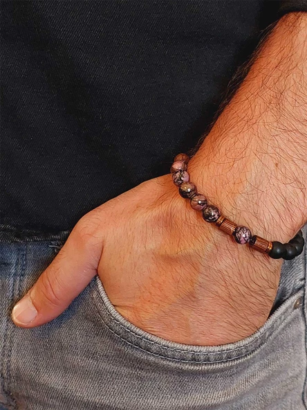 Rodonit & Oniks Taşı 8mm Unisex Tasarım Bileklik Hawaii Model (1853) - Resim 3