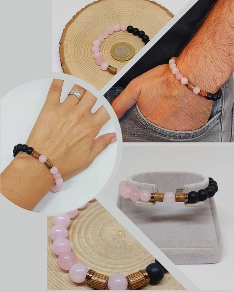 Pembe Kuvars & Oniks Taşı 8mm Unisex Tasarım Bileklik Hawaii Model (2958) ürün görseli