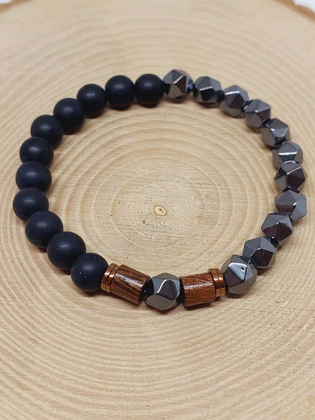 Hematit & Oniks Taşı 8mm Unisex Tasarım Bileklik Hawaii Model (52300) - Resim 6