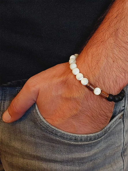 Sedef Beyaz Renk & Oniks Taşı 8mm Unisex Tasarım Bileklik Hawaii Model (14345) - Resim 3