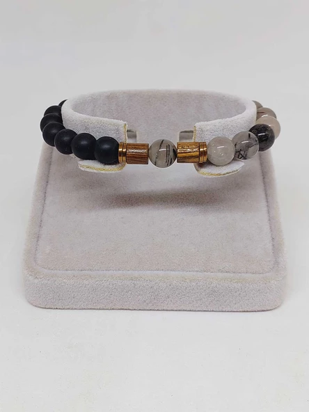 Rutil Kuvars (Beril) & Oniks Taşı 8mm Unisex Tasarım Bileklik Hawaii Model (54334) - Resim 2