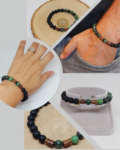 Anyolit (Rubizoit, Rubyzoisit) & Oniks Taşı 8mm Unisex Tasarım Bileklik Hawaii Model (3905) ürün görseli 1