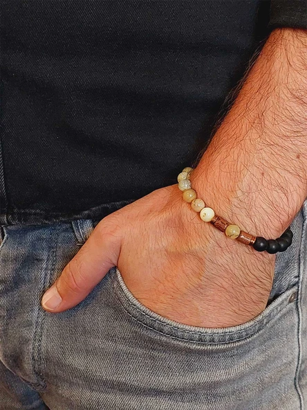 Opal Sarı Alacalı Renk & Oniks Taşı 8mm Unisex Tasarım Bileklik Hawaii Model (36135) - Resim 3