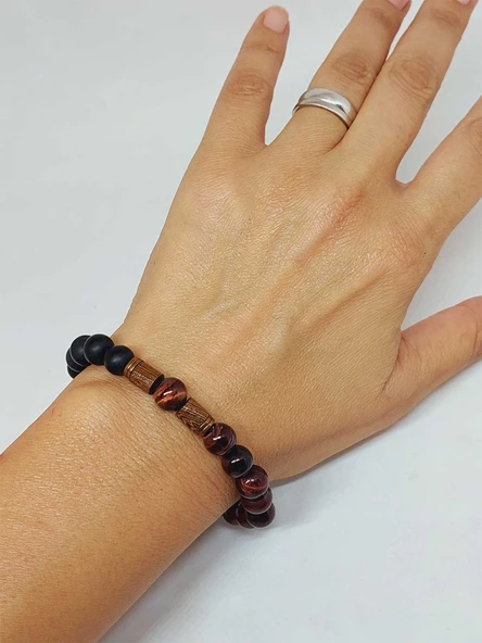 Şahin Gözü & Oniks Taşı 8mm Unisex Tasarım Bileklik Hawaii Model (11152) - Resim 4