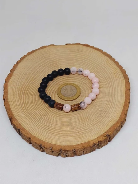 Opal Pembe-Siyah Renk & Oniks Taşı 8mm Unisex Tasarım Bileklik Hawaii Model (42110) - Resim 5