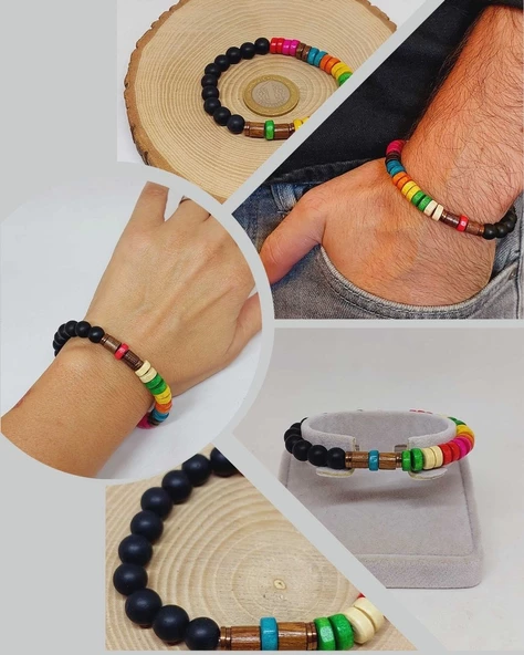 Ahşap Gökkuşağı Renkli & Oniks Taşı 8mm Unisex Tasarım Bileklik Hawaii Model (11124) ürün görseli