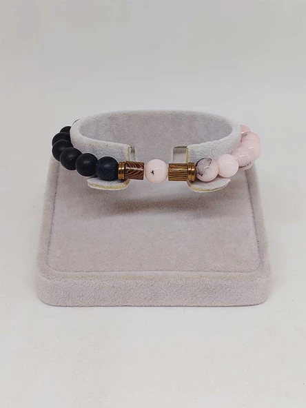 Opal Pembe-Siyah Renk & Oniks Taşı 8mm Unisex Tasarım Bileklik Hawaii Model (42110) - Resim 2
