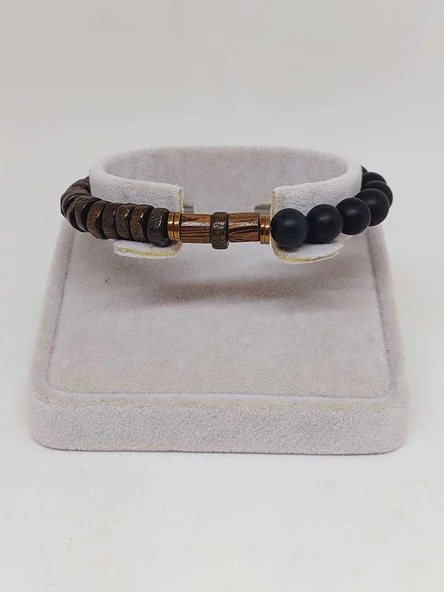 Ahşap Kahverengi Renkli & Oniks Taşı 8mm Unisex Tasarım Bileklik Hawaii Model (11127) - Resim 2