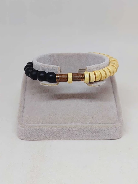 Ahşap Krem Renkli & Oniks Taşı 8mm Unisex Tasarım Bileklik Hawaii Model (11112) - Resim 2