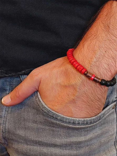 Ahşap Kırmızı Renkli & Oniks Taşı 8mm Unisex Tasarım Bileklik Hawaii Model (11118) - Resim 3