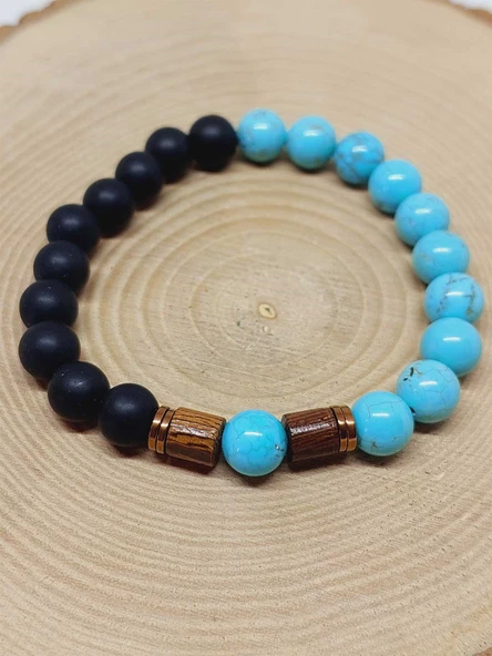 Turkuaz & Oniks Taşı 8mm Unisex Tasarım Bileklik Hawaii Model (4674) - Resim 6