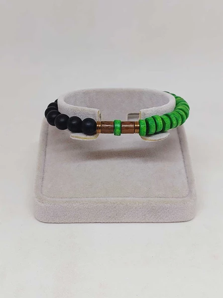 Ahşap Yeşil Renkli & Oniks Taşı 8mm Unisex Tasarım Bileklik Hawaii Model (11121) - Resim 2