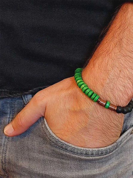 Ahşap Yeşil Renkli & Oniks Taşı 8mm Unisex Tasarım Bileklik Hawaii Model (11121) - Resim 3