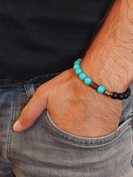 Turkuaz & Oniks Taşı 8mm Unisex Tasarım Bileklik Hawaii Model (4674) - Resim 3