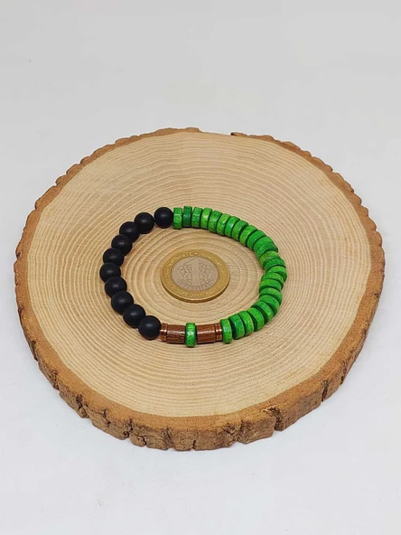 Ahşap Yeşil Renkli & Oniks Taşı 8mm Unisex Tasarım Bileklik Hawaii Model (11121) - Resim 5
