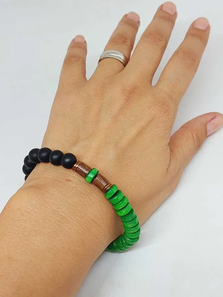 Ahşap Yeşil Renkli & Oniks Taşı 8mm Unisex Tasarım Bileklik Hawaii Model (11121) - Resim 4