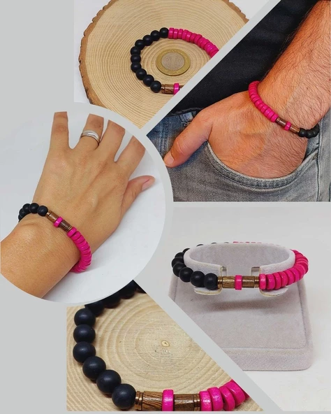 Ahşap Pembe Renkli & Oniks Taşı 8mm Unisex Tasarım Bileklik Hawaii Model (11103) ürün görseli
