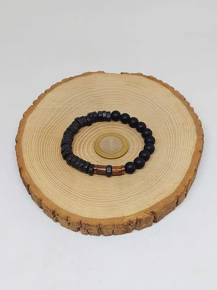 Ahşap Siyah Renkli & Oniks Taşı 8mm Unisex Tasarım Bileklik Hawaii Model (11130) - Resim 5