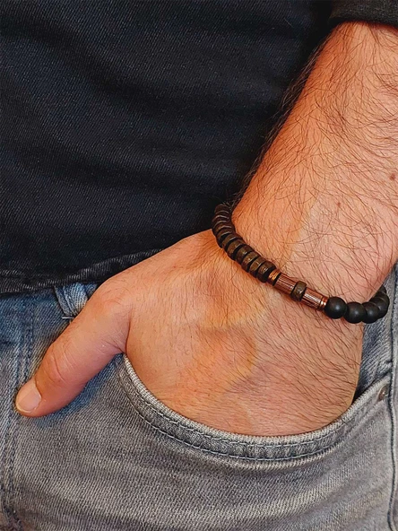 Ahşap Kahverengi Renkli & Oniks Taşı 8mm Unisex Tasarım Bileklik Hawaii Model (11127) - Resim 3