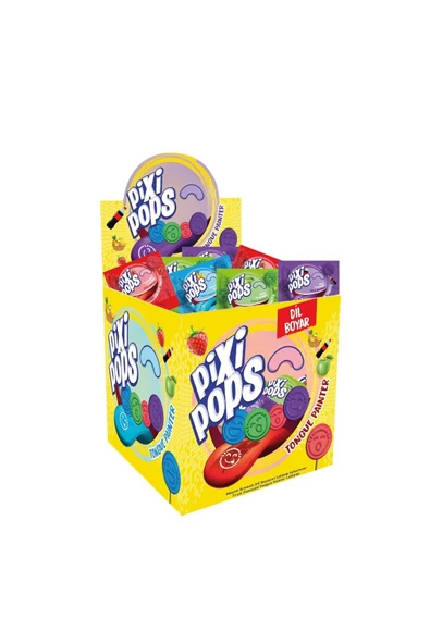 PİXİPOPS Kabartmalı Yüz İfadeli, Dil Boyayan Yassı Lolipop 6,2 Grx150adet/1 Kutu