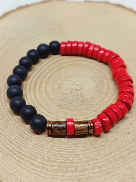 Ahşap Kırmızı Renkli & Oniks Taşı 8mm Unisex Tasarım Bileklik Hawaii Model (11118) - Resim 6