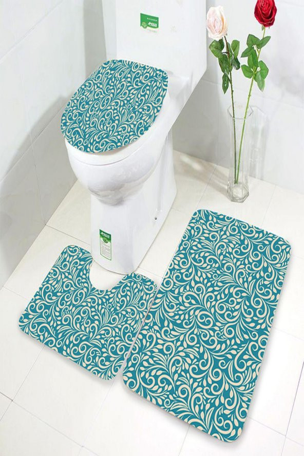 MAVI BEYAZ ÇINI ÇIZIMI DESENLI 3 LÜ KAYMAZ TABAN YIKANABILEN KLOZET TAKIMI 60CM X 100CM 55CM X 60CM 47CM X 50CM