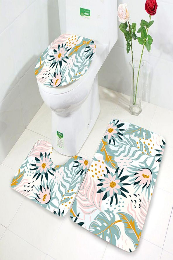 SANATSAL NILUFER ÇIÇEGI DESENLI 3 LÜ KAYMAZ TABAN YIKANABILEN KLOZET TAKIMI 60CM X 100CM 55CM X 60CM 47CM X 50CM