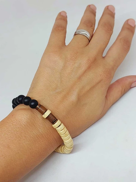 Ahşap Krem Renkli & Oniks Taşı 8mm Unisex Tasarım Bileklik Hawaii Model (11112) - Resim 4