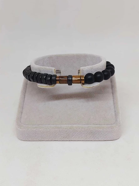 Ahşap Siyah Renkli & Oniks Taşı 8mm Unisex Tasarım Bileklik Hawaii Model (11130) - Resim 2