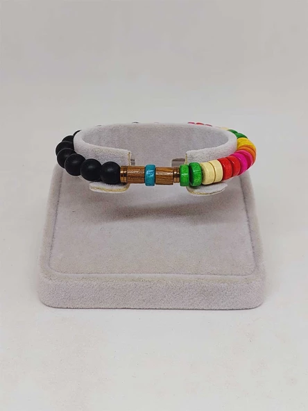 Ahşap Gökkuşağı Renkli & Oniks Taşı 8mm Unisex Tasarım Bileklik Hawaii Model (11124) - Resim 2