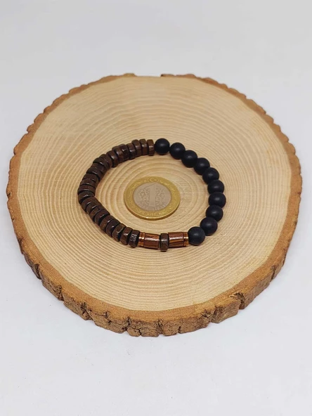 Ahşap Kahverengi Renkli & Oniks Taşı 8mm Unisex Tasarım Bileklik Hawaii Model (11127) - Resim 5