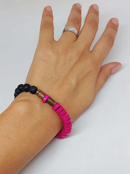 Ahşap Pembe Renkli & Oniks Taşı 8mm Unisex Tasarım Bileklik Hawaii Model (11103) - Resim 4
