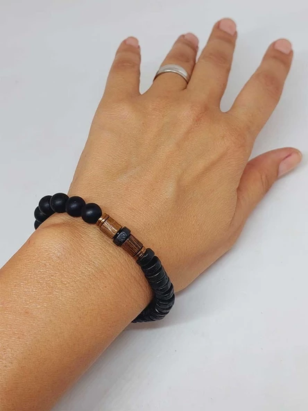 Ahşap Siyah Renkli & Oniks Taşı 8mm Unisex Tasarım Bileklik Hawaii Model (11130) - Resim 4