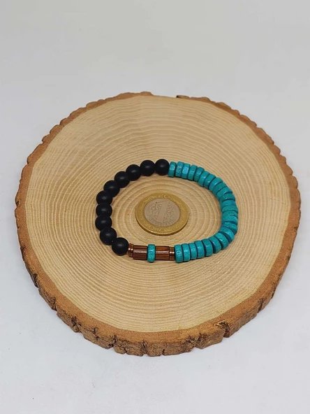 Ahşap Turkuaz Renkli & Oniks Taşı 8mm Unisex Tasarım Bileklik Hawaii Model (11106) - Resim 5