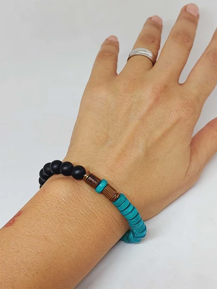 Ahşap Turkuaz Renkli & Oniks Taşı 8mm Unisex Tasarım Bileklik Hawaii Model (11106) - Resim 4