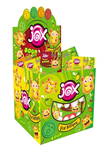 Flat Kabartmalı Yüz Ifadeli Elma,limon,şeftali,vişne Aromalı Ekşili Yassı Lolipop 6,2 Grx150