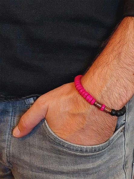 Ahşap Pembe Renkli & Oniks Taşı 8mm Unisex Tasarım Bileklik Hawaii Model (11103) - Resim 3