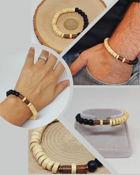 Ahşap Krem Renkli & Oniks Taşı 8mm Unisex Tasarım Bileklik Hawaii Model (11112) ürün görseli