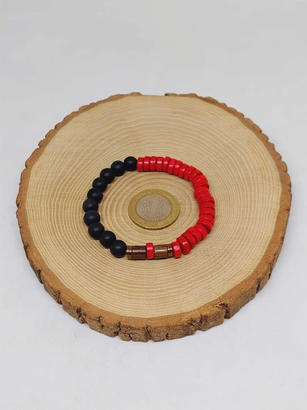 Ahşap Kırmızı Renkli & Oniks Taşı 8mm Unisex Tasarım Bileklik Hawaii Model (11118) - Resim 5