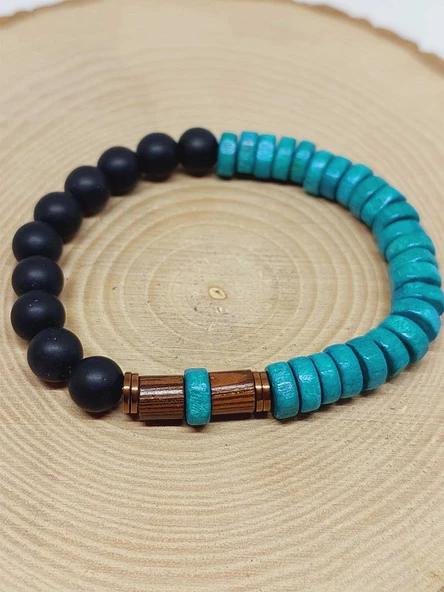Ahşap Turkuaz Renkli & Oniks Taşı 8mm Unisex Tasarım Bileklik Hawaii Model (11106) - Resim 2