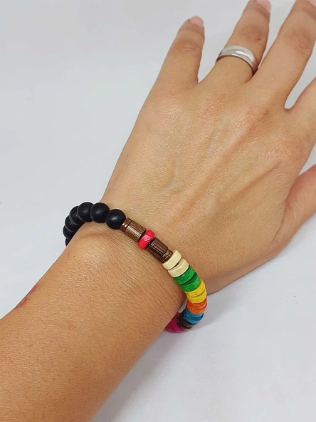 Ahşap Gökkuşağı Renkli & Oniks Taşı 8mm Unisex Tasarım Bileklik Hawaii Model (11124) - Resim 4