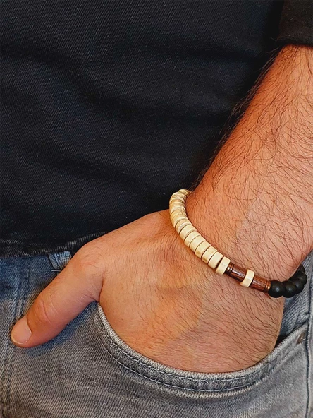 Ahşap Krem Renkli & Oniks Taşı 8mm Unisex Tasarım Bileklik Hawaii Model (11112) - Resim 3