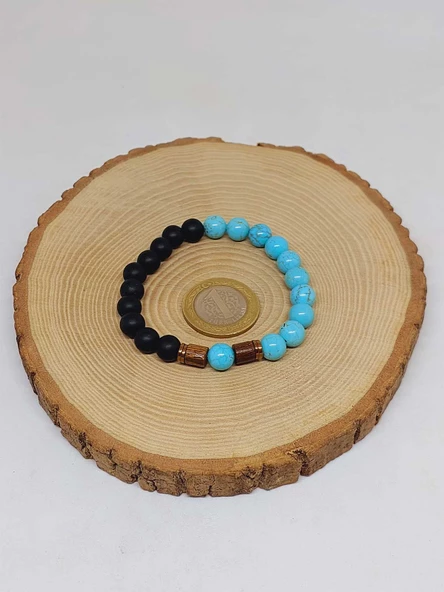 Turkuaz & Oniks Taşı 8mm Unisex Tasarım Bileklik Hawaii Model (4674) - Resim 5