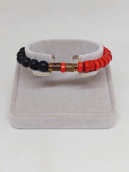 Ahşap Kırmızı Renkli & Oniks Taşı 8mm Unisex Tasarım Bileklik Hawaii Model (11118) - Resim 2
