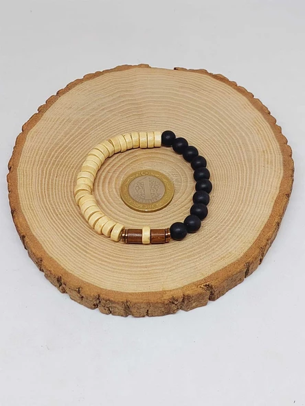 Ahşap Krem Renkli & Oniks Taşı 8mm Unisex Tasarım Bileklik Hawaii Model (11112) - Resim 5