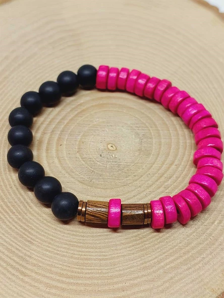 Ahşap Pembe Renkli & Oniks Taşı 8mm Unisex Tasarım Bileklik Hawaii Model (11103) - Resim 6