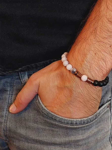 Opal Pembe-Siyah Renk & Oniks Taşı 8mm Unisex Tasarım Bileklik Hawaii Model (42110) - Resim 3