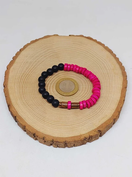 Ahşap Pembe Renkli & Oniks Taşı 8mm Unisex Tasarım Bileklik Hawaii Model (11103) - Resim 5