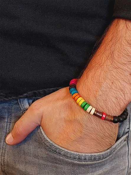 Ahşap Gökkuşağı Renkli & Oniks Taşı 8mm Unisex Tasarım Bileklik Hawaii Model (11124) - Resim 3